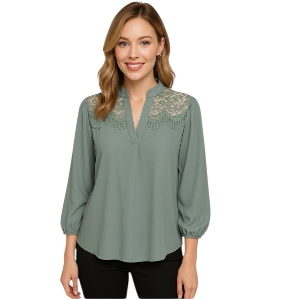 CURE Sage Green Feminine Coquette Romantic Embroidered Lace Yoke Blouse Size XL
